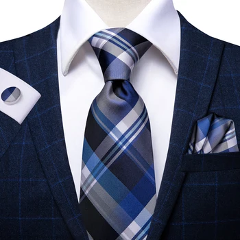 Hi-Kravat Mavi Lacivert Ekose Kravatlar Erkekler İçin Çizgili Mendil Kol Düğmeleri Seti Lüks İpek Kravat Resmi Elbiseler Hediyeler İçin erkek Kravat İş