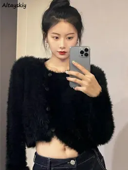 Hırka Kadın Kabarık Kırpma İnce Katı Zarif Ofis Bayan Estetik Kore Tarzı Şık Kadın Kazak Yeni Kış sıcak Streetwear
