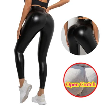 Kadın Deri Açık Crotch Tayt Uzun Crotchless Sıcak pantolon PU Spor Gizli Fermuar Spor Nefes Elastik spor salonu taytları 1