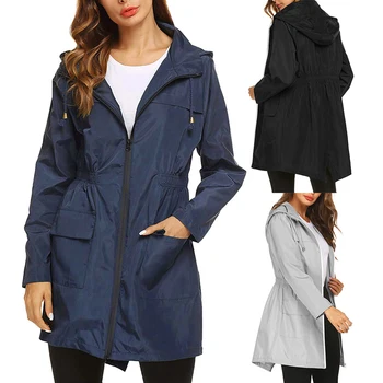 Kadın Hafif Yağmurluk Su Geçirmez Ceket Kapşonlu açık yürüyüş ceketi Uzun yağmurluklar Açık Dağcılık Ceket 0