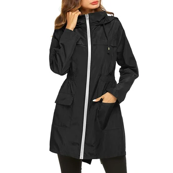 Kadın Hafif Yağmurluk Su Geçirmez Ceket Kapşonlu açık yürüyüş ceketi Uzun yağmurluklar Açık Dağcılık Ceket 5