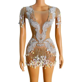 Kadın Işıltılı Kristaller Tam İnciler Kısa Elbiseler DJ Şarkıcı Caz Kostüm Doğum Günü Sahne Performansı Gece Kulübü Gösterisi Kıyafet