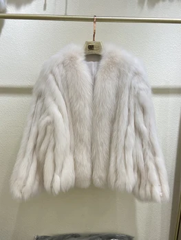 Kadın Kış Kalın Sıcak Kabarık Gerçek Tilki Kürk Şerit Dikişli Toghter Boy Gevşek Kış Gerçek Tilki Kürk Palto