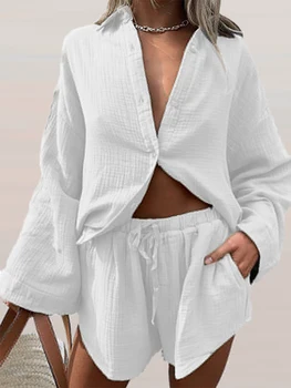 Kadın Moda Uzun Kollu Yaka Tek Göğüslü Hırka Gömlek + Elastik Bel Şort 2 Parça Set Rahat Gevşek Katı Cep Takım Elbise