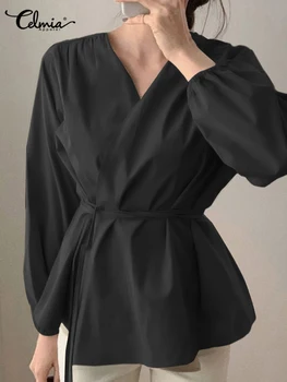 Kadın Puf Kollu Blusas Celmia Zarif Ofis kadın bluzları Sonbahar Rahat V Boyun Wrap Bluzlar 2022 Kore Moda Bandaj Gömlek