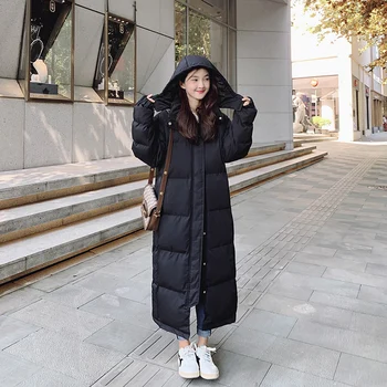 Kadın Siyah Aşağı Sıcak Giysiler Kore Casual Baggy Kapşonlu Düz Ceket Moda Orta Ve Uzun Kirpi Yastıklı Dış Giyim Kış
