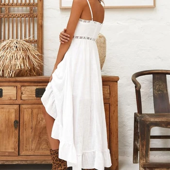 Kadın Yaz Sapghetti Askı Seksi V Yaka Asimetrik Beyaz uzun elbise Hollow Out Tığ Dantel Patchwork Yüksek Bel Ruffles Boho