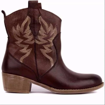 Kadınlar için 2022 Çizmeler Kama Yüksek Topuk Çizmeler Nakış Ayakkabı Vintage Pu Kovboy Ayak Bileği Baskı Batı kovboy çizmeleri Botas De Mujer