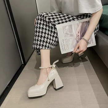 Kadınlar için ayakkabı 2022 Yaz Yeni Moda Boncuklu papyon Yüksek Topuklu kadın Tüm Maç Burnu açık Sandalet Mary Jane Tıknaz Topuklu 2