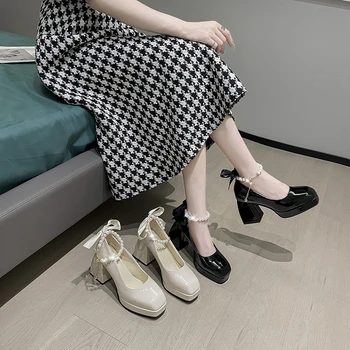 Kadınlar için ayakkabı 2022 Yaz Yeni Moda Boncuklu papyon Yüksek Topuklu kadın Tüm Maç Burnu açık Sandalet Mary Jane Tıknaz Topuklu 5
