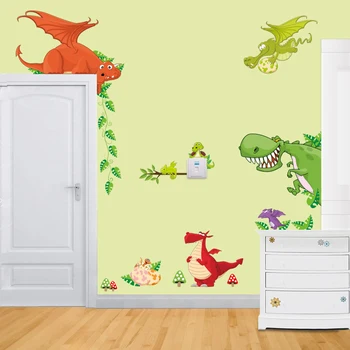 Karikatür Hayvanlar dinozor duvar çıkartmaları Çocuk Duvar Çıkartmaları Çocuk Odaları için Bebek Yatak Odası dolap kapağı Dekorasyon