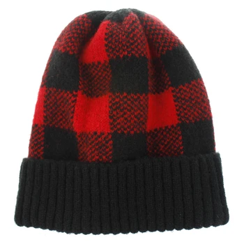 Karışık Renk Kış Örme Kap Bayanlar Ekose Şapka Kadın Bere Günlük Giyim Kırmızı Kahverengi Siyah 1