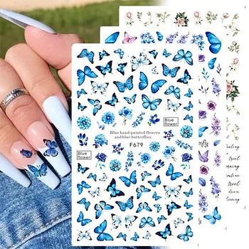 Kelebekler 3D Tırnak Çıkartmalar Canlı Kelebek Nail Art Transferi Çıkartmalar Mavi Siyah Çıkartmaları Tema Nail Art Dekorasyon Manikür