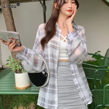 Kore Orta uzunlukta Şifon Kadın Ekose Baskı Gömlek İnce Turn-aşağı Yaka Cepler Fener Kollu Tek Göğüslü kadın giyim