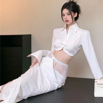 Kore tarzı moda elbise Beyaz Gömlek Etek Erken Sonbahar Paket Kalça Dantel Uzun Etek 2 Parça Set