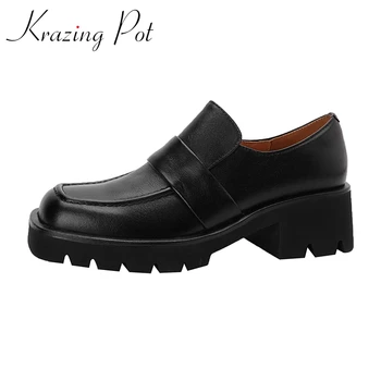Krazing Pot hakiki deri kare ayak yüksek topuklu İngiliz tarzı retro moda katı derin ağız kayma klasik kadın pompaları L06 0