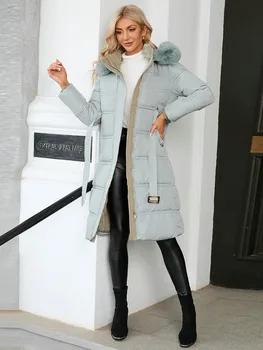Kış Ceket Kadınlar Uzun Katı Fermuar İnce Kalın Palto Kontrast Tasarım Ayrılabilir Kürk Yaka Ayrılabilir Kemer Kalın Sıcak Palto