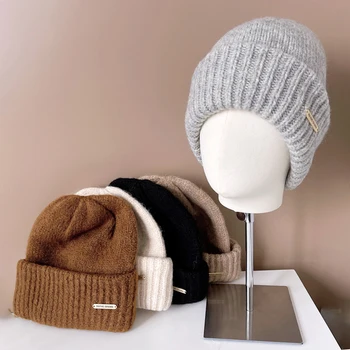Kış Kaşmir Karışımlı Örgü Şapka Kadınlar İçin Moda Sıcak Kasketleri Katı Bej Kap Gri Kaput Siyah Skullies Kış Kalın Yün Şapka