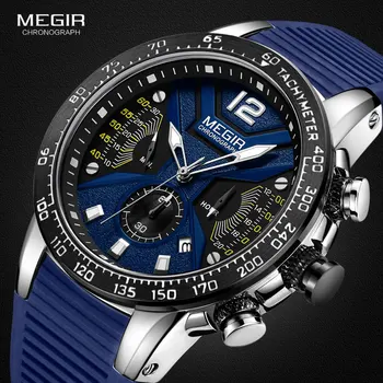 MEGIR Spor Chronograph kuvars saatler Erkekler için Silikon Kayış Su Geçirmez Aydınlık Kol Saati Adam Relogios Masculino 2106 Mavi