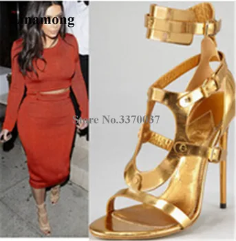 Marka Tasarım Kadın Moda Burnu açık Stiletto Ince Topuk Gladyatör Sandalet Altın Gümüş Siyah Sapanlar Çapraz yüksek topuklu sandalet