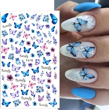 Mavi Kelebek Nail Art Etiketler Bahar Tema Kendinden Yapışkanlı Kaydırıcılar Çivi Tırnak Tasarım DIY Manikür Aksesuarları Sticker