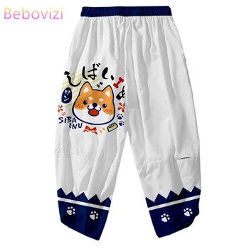 Moda Erkekler Sevimli Köpek Shiba Inu Baskı harem pantolon Gevşek Geleneksel Asya Haori Pantolon Japon Streetwear Kimono Pantolon