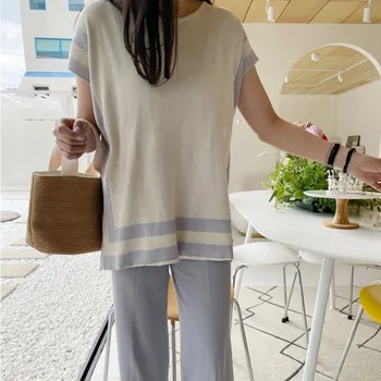 Moda Rahat Örme 2 Parça Set Kadın Gevşek Kazak Kazak Tops + Geniş Bacak Pantolon Takım Elbise Triko Tüm Maç İki Parçalı Setleri 3