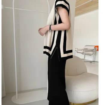 Moda Rahat Örme 2 Parça Set Kadın Gevşek Kazak Kazak Tops + Geniş Bacak Pantolon Takım Elbise Triko Tüm Maç İki Parçalı Setleri 5