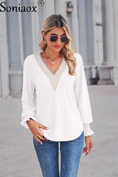 Moda Sonbahar Kış Pamuk Patchwork Gömlek Kadın V Yaka Uzun Kollu Hollow dantel üstler Rahat Ofis Gevşek Bayan Düğme Bluz 1