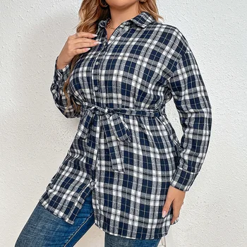 Moda kadın giyim Ekose Baskı Turn-aşağı Yaka Düğmesi Uzun Kollu Bluz Bandaj Açık Dikiş Artı Boyutu İnce Midi Gömlek 2