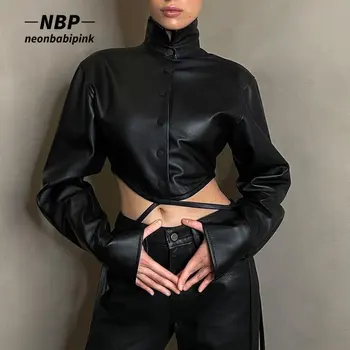 NEONBABIPINK Bayanlar PU Deri Ceket Moto Biker Streetwear Siyah Dantel Up Kırpma Ceket Kadınlar Yeni Outerwears N33-CZ23