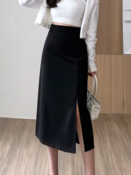 Ofis Bayan Yarık Etek Etek Kadın İş Bir Çizgi Etekler Moda Hepburn Tarzı Midi Etekler Düz Renk Rahat Sonbahar 2022 Kadın Etek