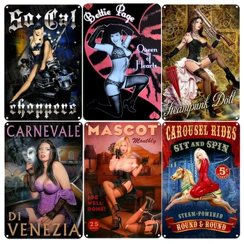 Pin Up Kız Tabela Retro Seksi Güzellik Kadın Teneke Boyama Adam Mağara Duvar Dekoru Bar Pub Garaj Metal Poster Casino Demir Plaka