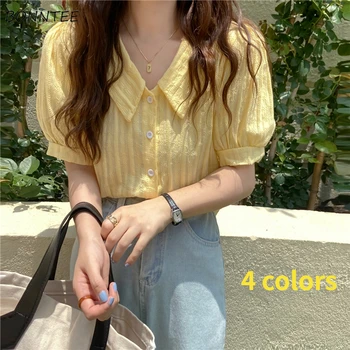 Puf Kollu Gömlek Kadın Yaz Kore Tarzı Kırpma Üst Tatlı Retro Basit 4 Renk Kolej Tüm Maç Şık Zarif Popüler Bayanlar
