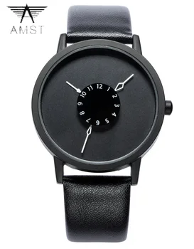 Quartz saat erkekler benzersiz tasarım basit Paslanmaz çelik Deri siyah beyaz kadran su geçirmez Kol Saatleri erkek saat AMST1042