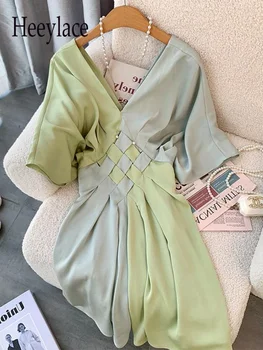 Rahat Kontrast Renkler Kısa Kollu Elbise Kadın V Yaka Batwing Kollu A-line Dökümlü Yaz Kore Tarzı Diz Boyu Vestido