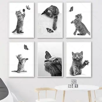 Siyah Beyaz Sevimli Kedi Kelebek Komik Hayvan Pet Sanat tuval Boyama İskandinav Posterler Ve Baskılar Duvar Resmi Oturma Odası Dekor İçin