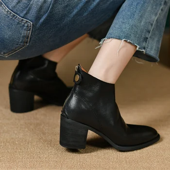 Sonbahar Bahar Muhtasar Inek Derisi Kalın Yüksek Topuklu Klasik Bayanlar Ayakkabı Geri Zip yarım çizmeler Kadın Avrupa Tarzı Kadın Kış Çizmeler