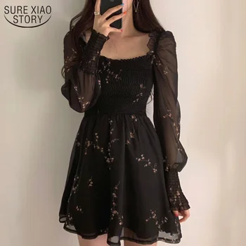 Sonbahar Bayan Seksi Siyah Elbise Vintage Çiçek Uzun Puf Kollu Şifon Elbiseler Kore Casual Mini Vestidos Mujer Giysileri 13676