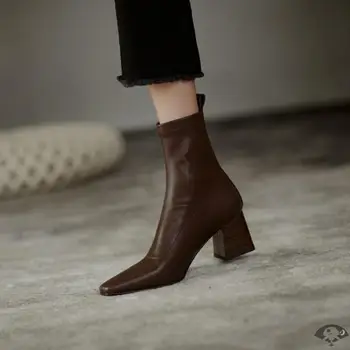 Sonbahar Chelsea Bayan Botları Sivri Burun Yüksek Kare Topuk kadın bileğe kadar bot Moda Ofis Bayanlar Slip-on Rahat Kadın Footwears