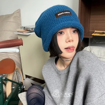 Sonbahar ve Kış Sıcak Kazık Şapka Kadınlar için Kıvrılmış Kenar Gevşek örgü bere Büyük Baş Çevresi Ins Kore Moda Soğuk Kasketleri Erkekler