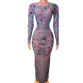 Sparkly Renkli Rhinestones Uzun Kollu Elbise Şeffaf Akşam Doğum Günü Kutlamak Düğün Kostüm Kadın Dansçı Gösterisi Elbiseler
