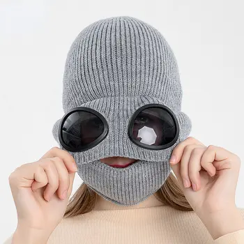 Sıcak Şapka Yeni Stil Pilot Gözlük kulak koruyucu şapka ile Kadife Sıcak Yün Şapka ile Maske Örme Şapka Sonbahar ve Kış Katı