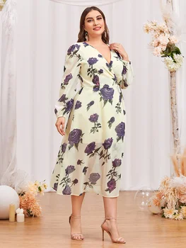 TOLEEN Gümrükleme Fiyat Kadınlar Büyük Artı Boyutu Midi Elbiseler 2022 Yeni Yaz Şık Zarif Uzun Kollu Çiçek Akşam Parti Giyim