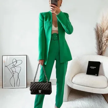 TRAF Kadınlar Yeşil Blazer 2022 Yeni Moda Gizli Toka Rahat Uzun Kollu Zarif Kadın Blazer Şık Ofis Kadın Takım Elbise