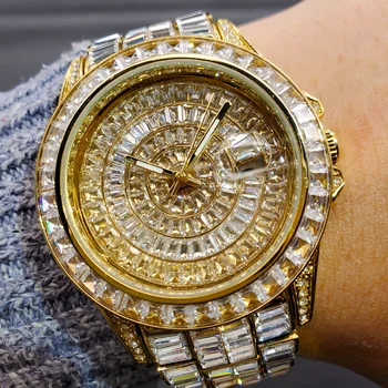 Tam Baget Elmas Erkek Saatler Altın Orijinal Tasarım Otomatik Tarih Üst Marka Lüks Kuvars Saatı Aydınlık kol saati
