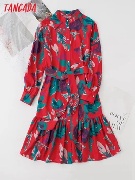 Tangada Kadınlar Kırmızı Çiçek Baskı Midi Elbise Kemer Vintage Uzun Kollu Ön Düğme Kadın Elbiseler 4T110