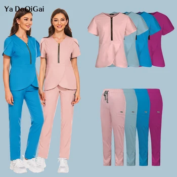 Toptan Moda Fırçalama Takım Elbise hastane üniforması Seti Düz Renk Hastane Cerrahi Önlük Cep V Yaka Scrubs Seti Kadınlar için Joggers