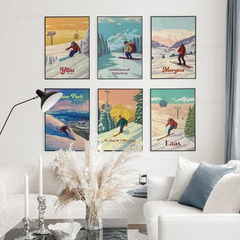 Vintage Kayak Baskı Morgins Kayak Merkezi Posterler Kayak Fransız Alpleri Snowboard Tuval Resimleri Vintage Duvar Sanat Baskı Resimleri