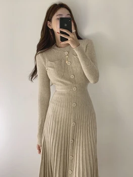 Vintage Kore Casual Örgü Midi Elbiseler Kadınlar için Düğmeler Örme Kazak Elbise Zarif Pilili Femme Sonbahar Kış 2022